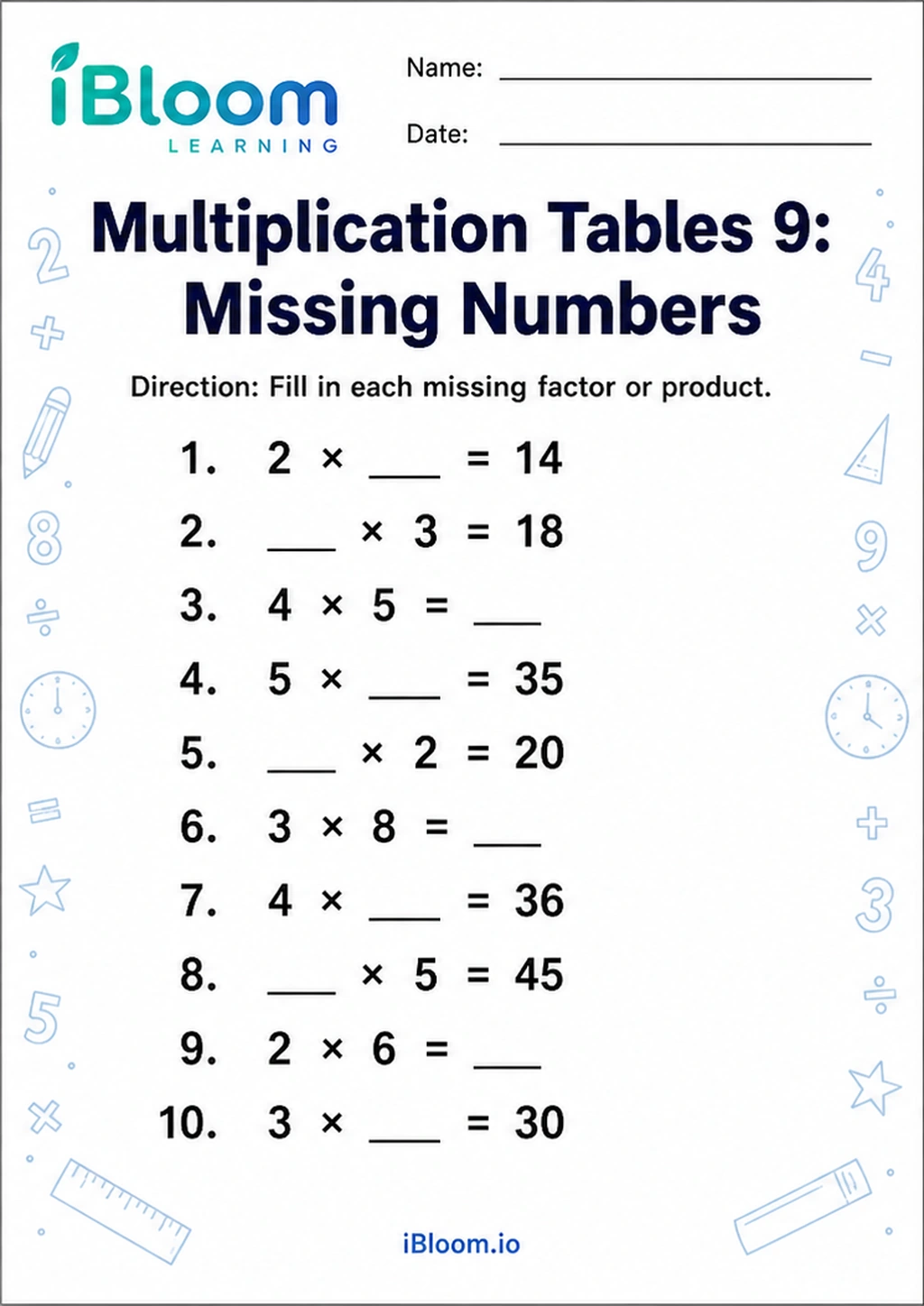 Multiplication Tables 9: Missing Numbers printable Class 2 worksheet