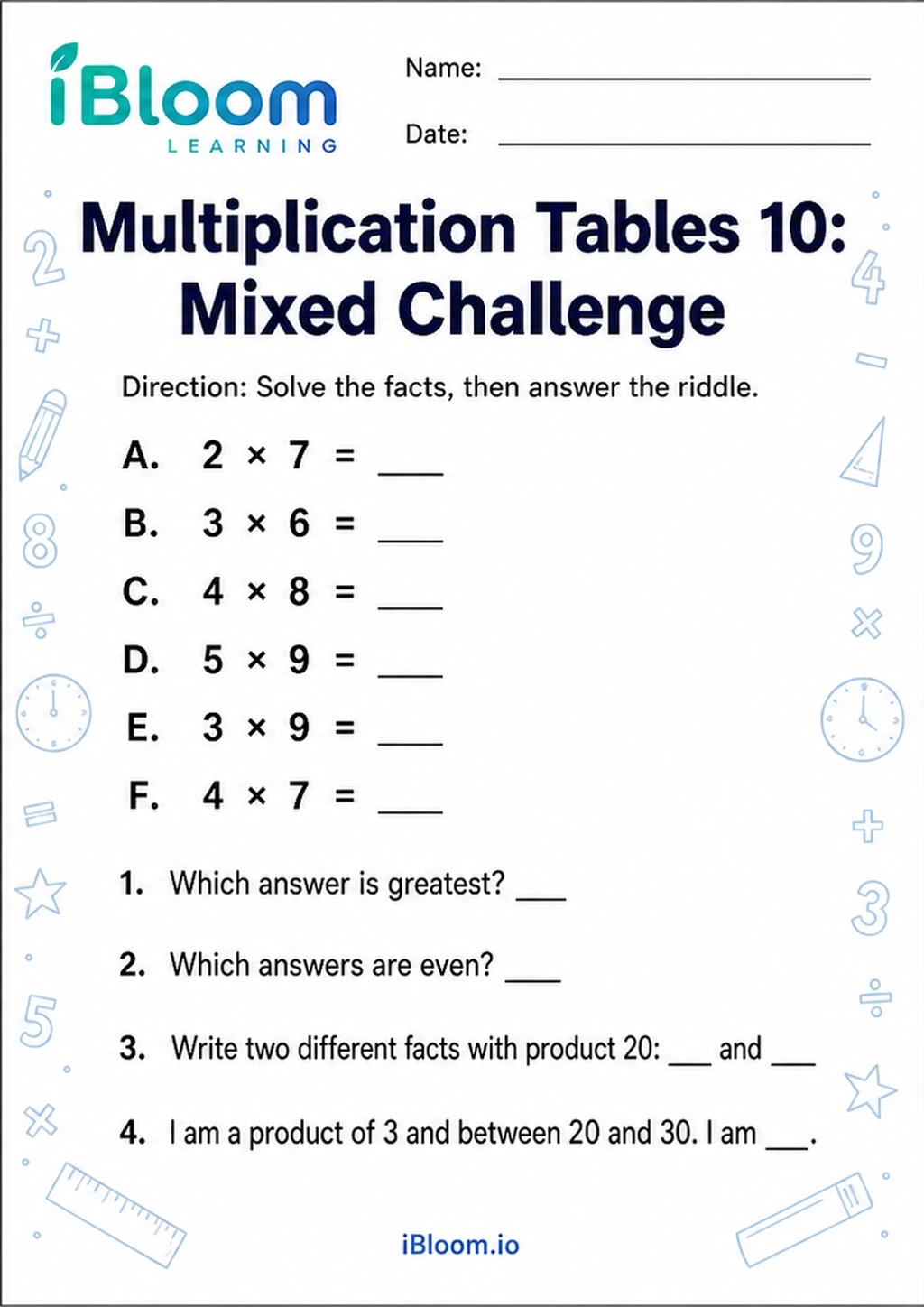 Preview page 1 of Multiplication Tables 10: Mixed Challenge