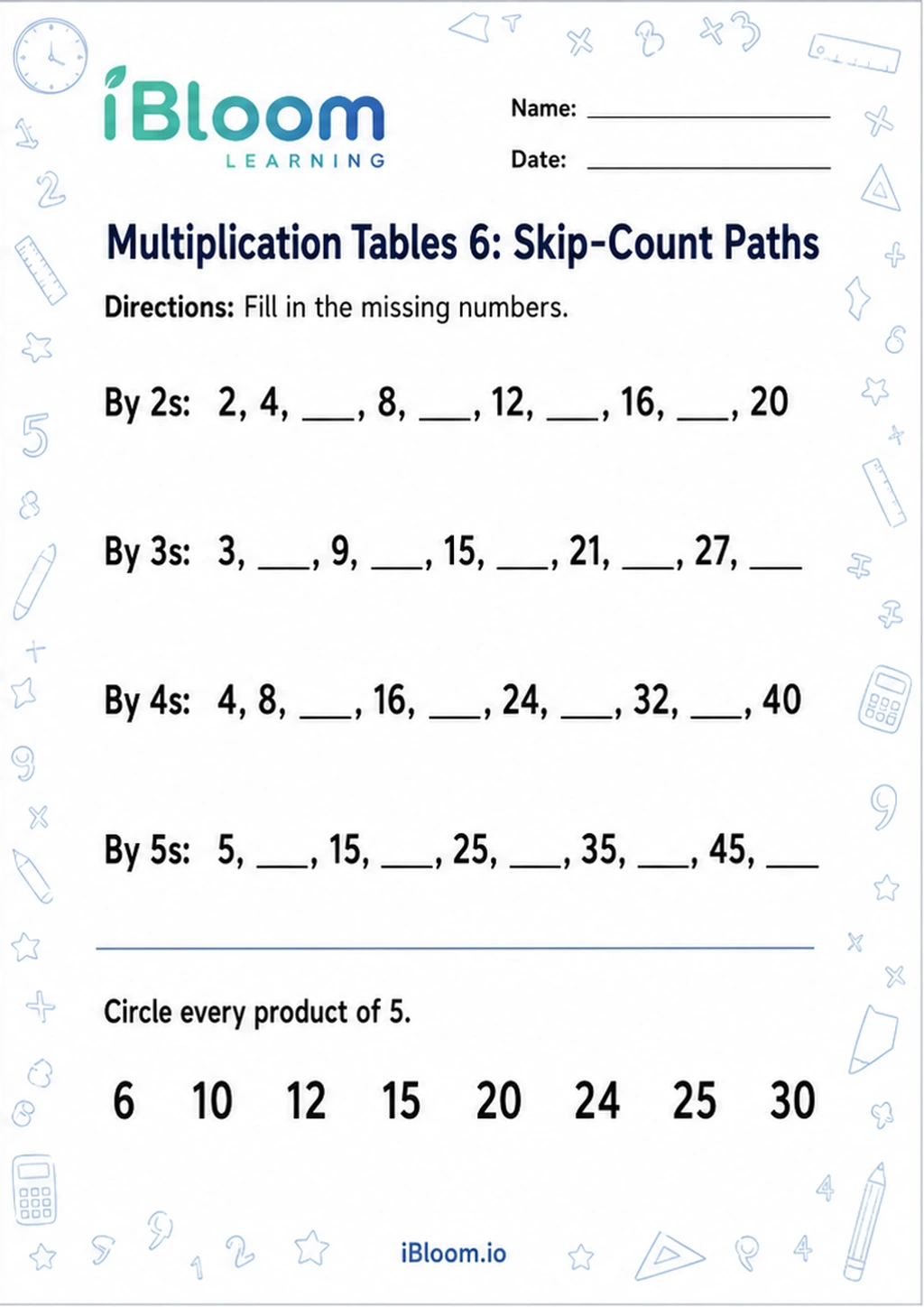 Multiplication Tables 6: Skip-Count Paths printable Class 2 worksheet