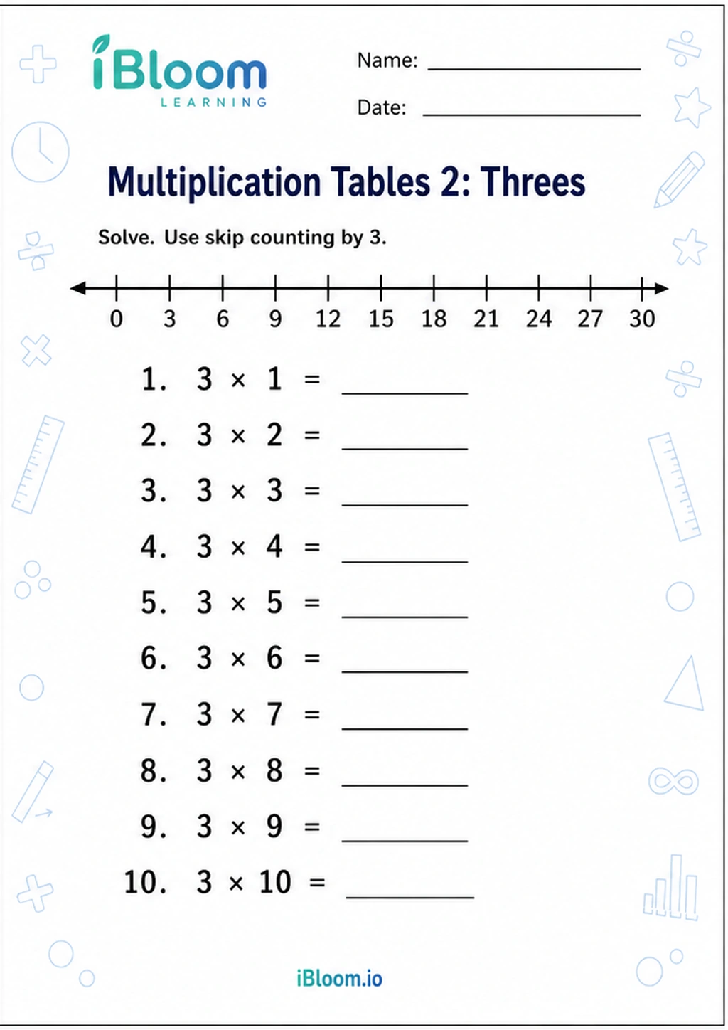 Multiplication Tables 2: Threes printable Class 2 worksheet
