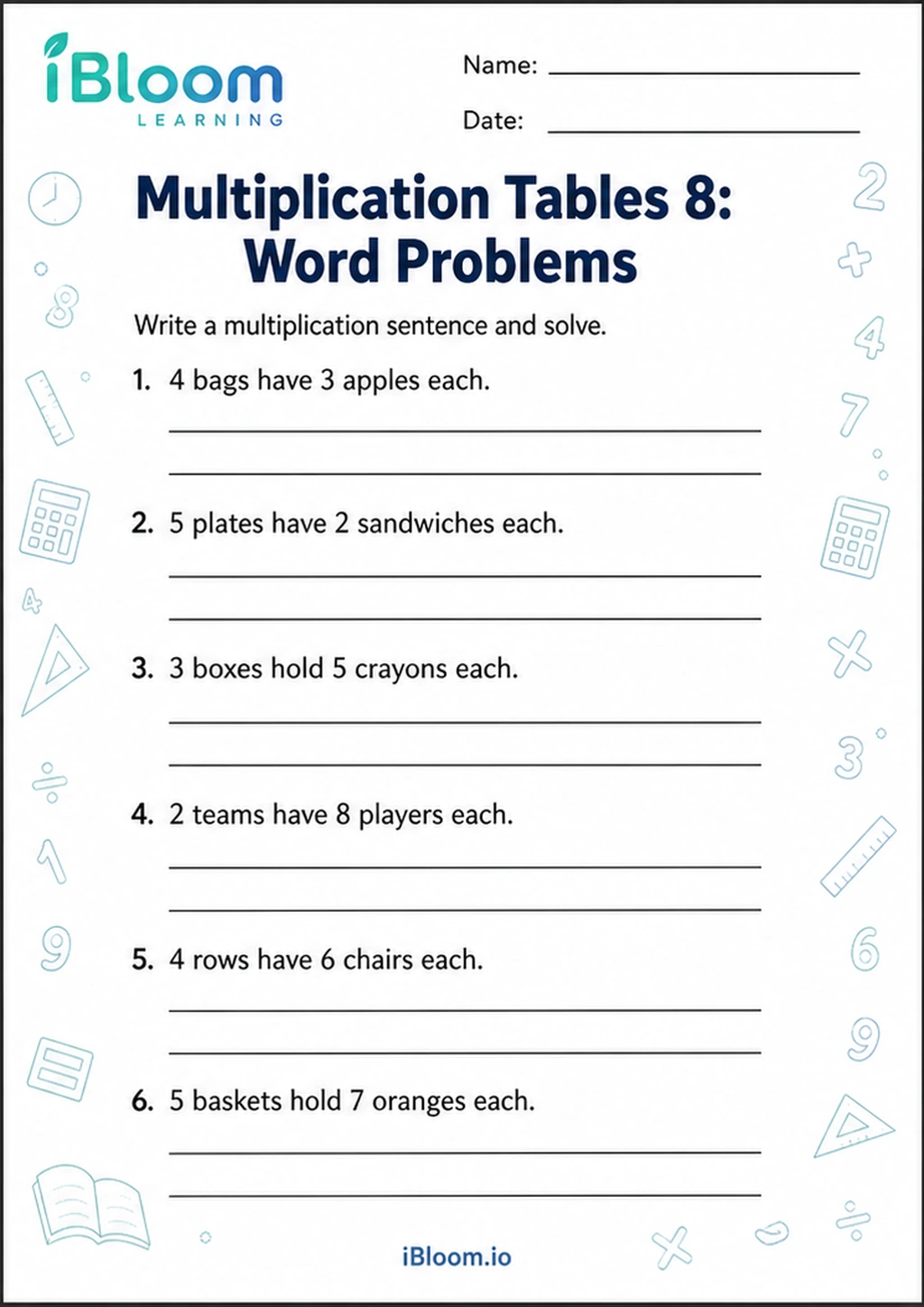 Multiplication Tables 8: Word Problems printable Class 2 worksheet