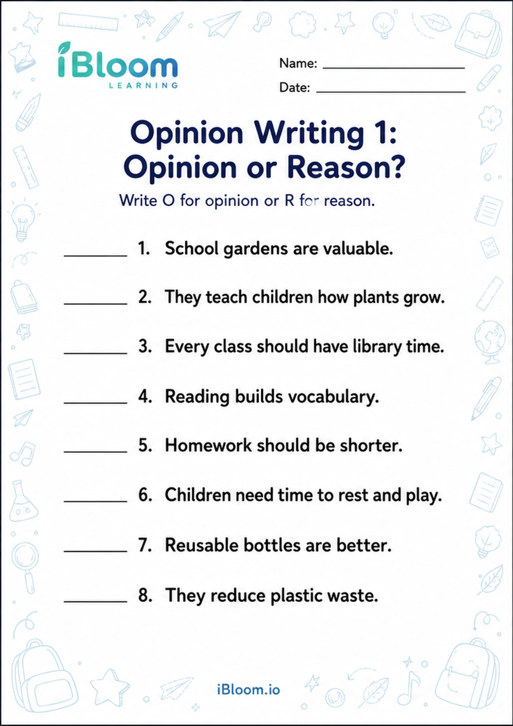 Preview page 1 of Opinion Writing 1: Opinion or Reason?