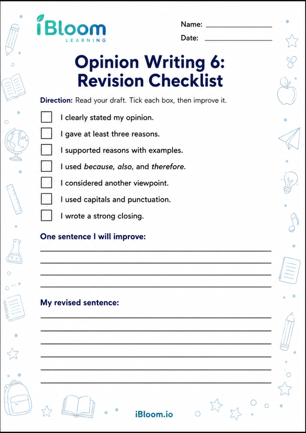 Opinion Writing 6: Revision Checklist printable Class 5 worksheet