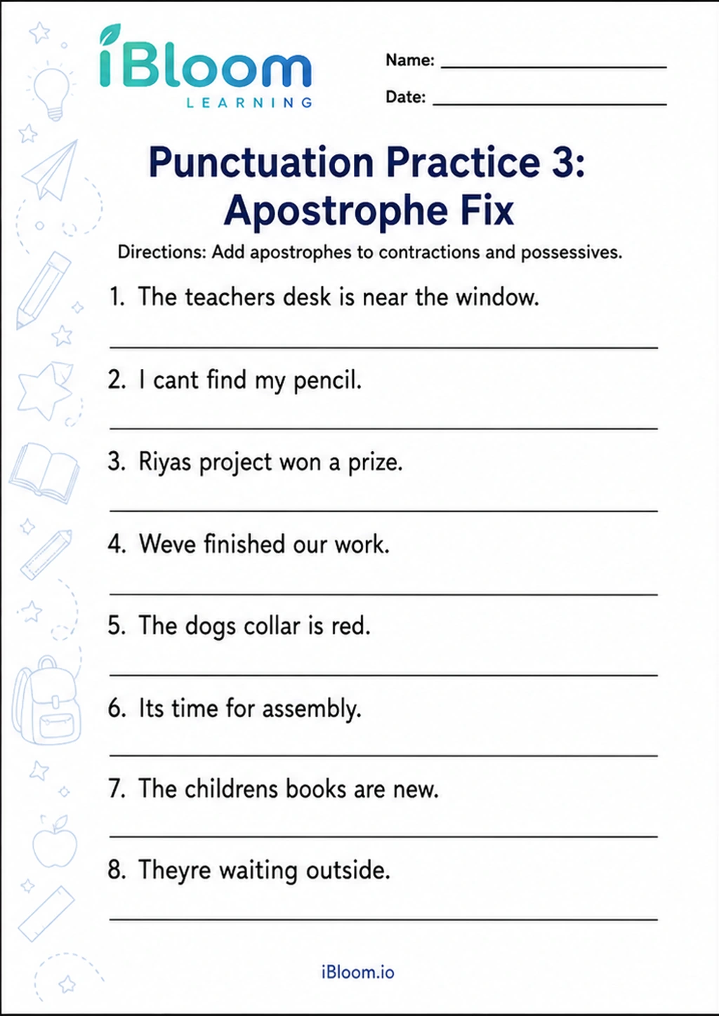 Punctuation Practice 3: Apostrophe Fix printable Class 5 worksheet