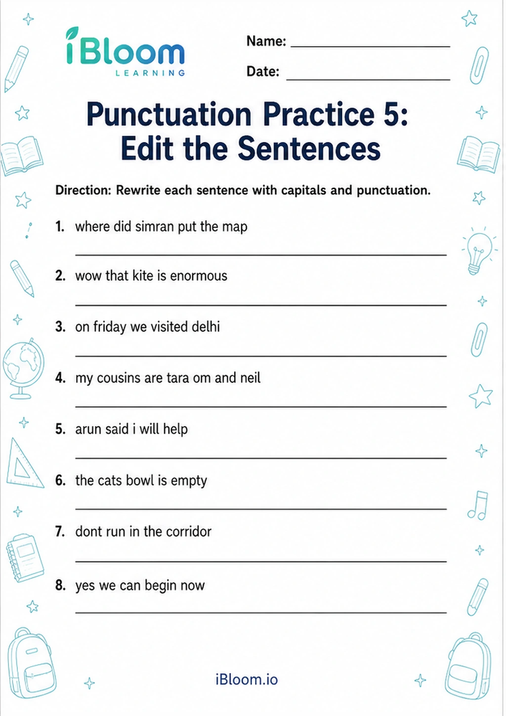 Preview of Punctuation Practice 5: Edit the Sentences worksheet