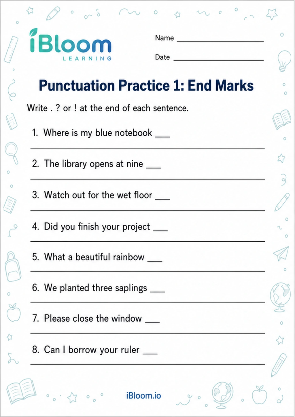 Punctuation Practice 1: End Marks printable Class 5 worksheet