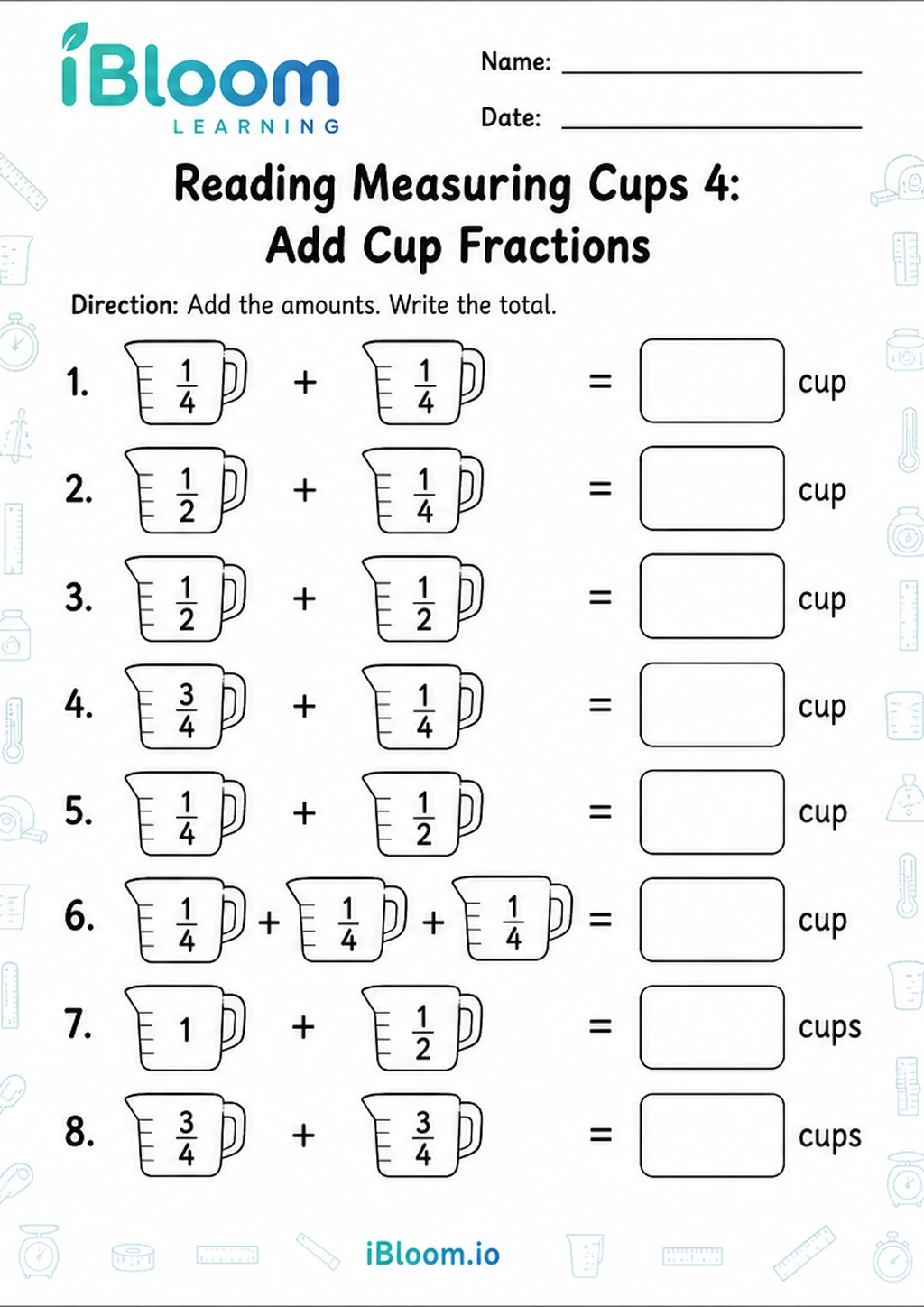 Preview page 1 of Reading Measuring Cups 4: Add Cup Fractions