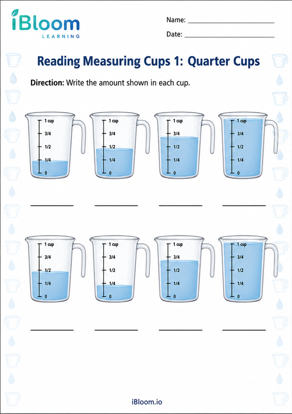 Preview of Reading Measuring Cups 1: Quarter Cups worksheet