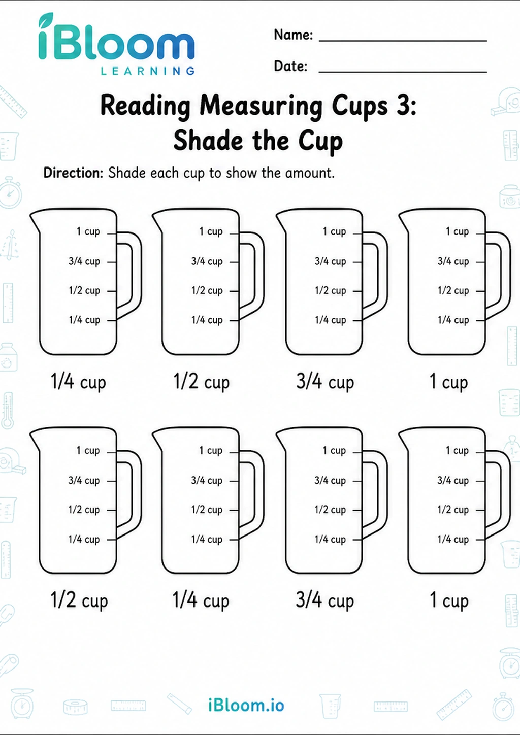 Preview of Reading Measuring Cups 3: Shade the Cup worksheet