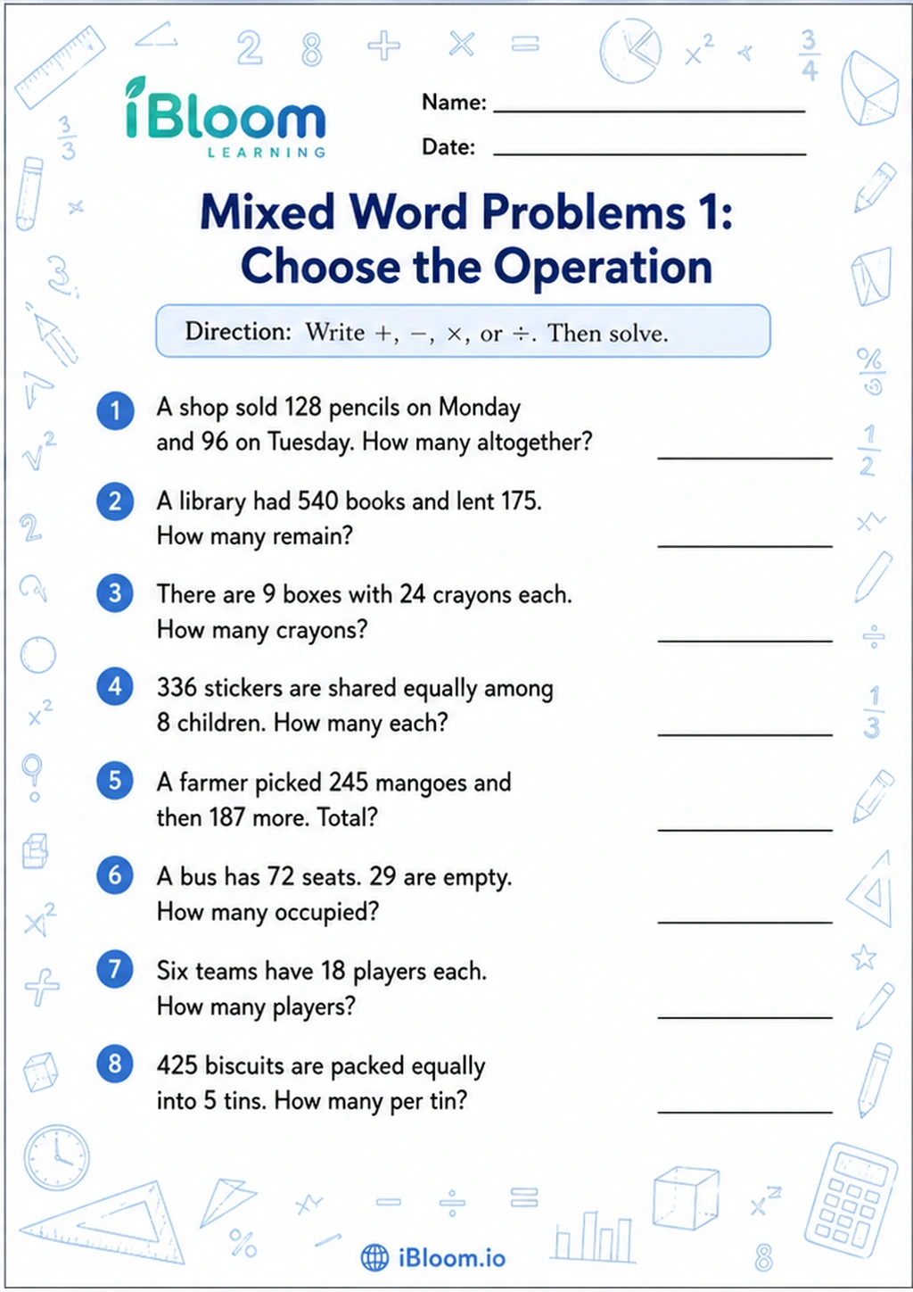 Preview page 1 of Mixed Word Problems 1: Choose the Operation