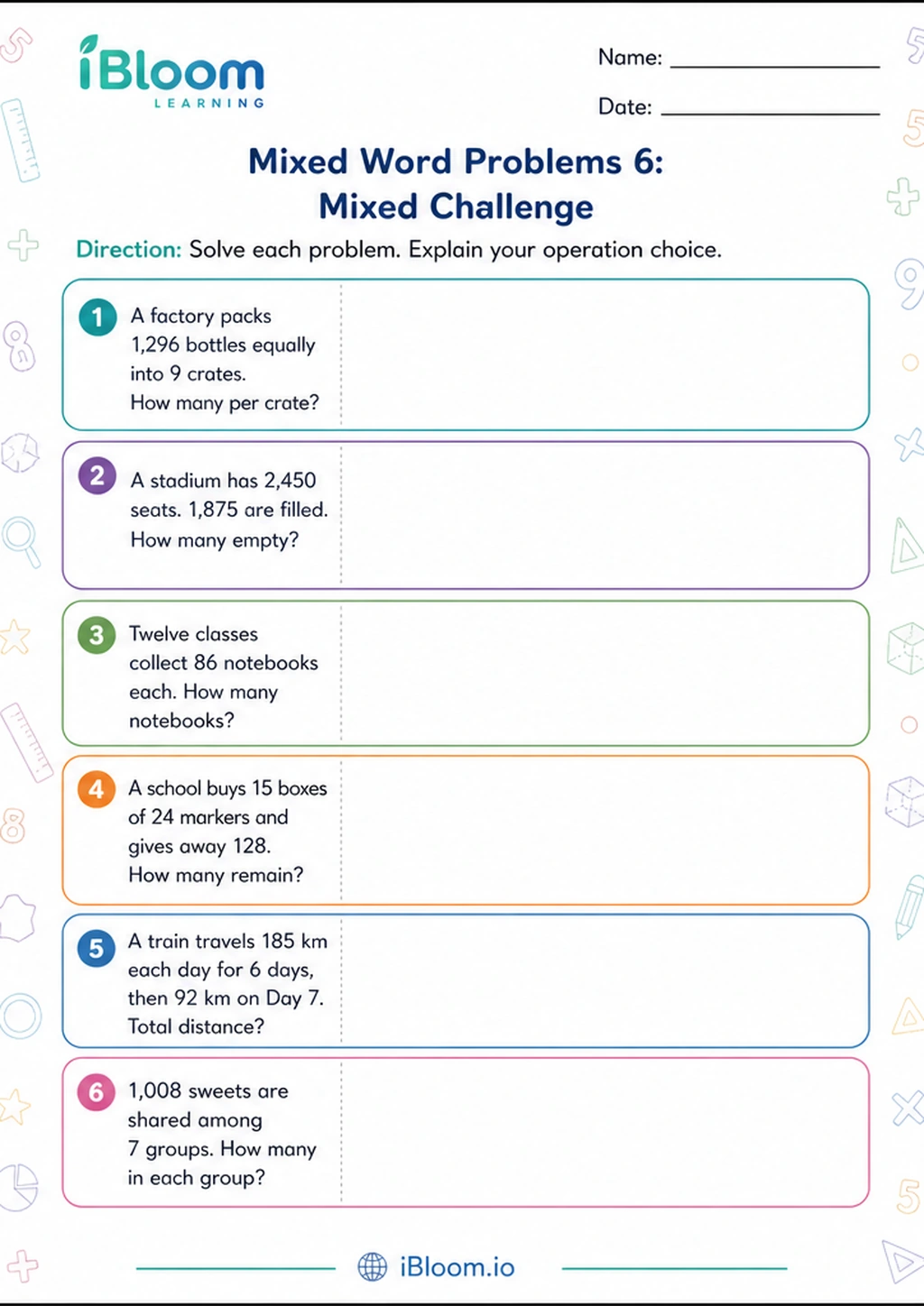 Mixed Word Problems 6: Mixed Challenge printable Class 4 worksheet