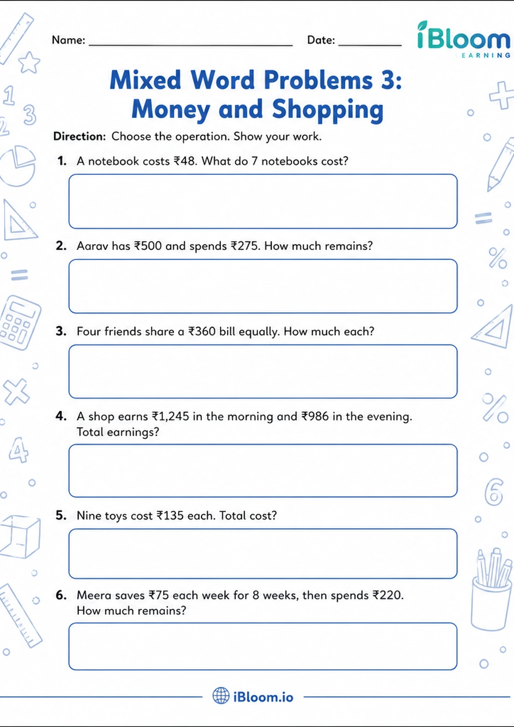 Preview of Mixed Word Problems 3: Money and Shopping worksheet