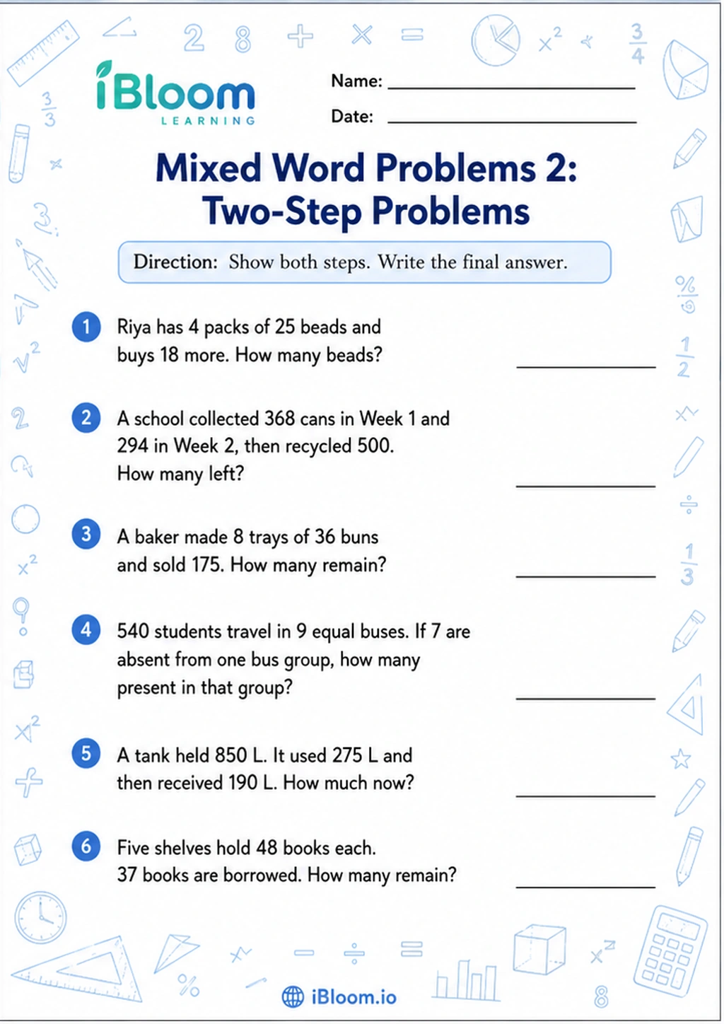 Preview page 1 of Mixed Word Problems 2: Two-Step Problems