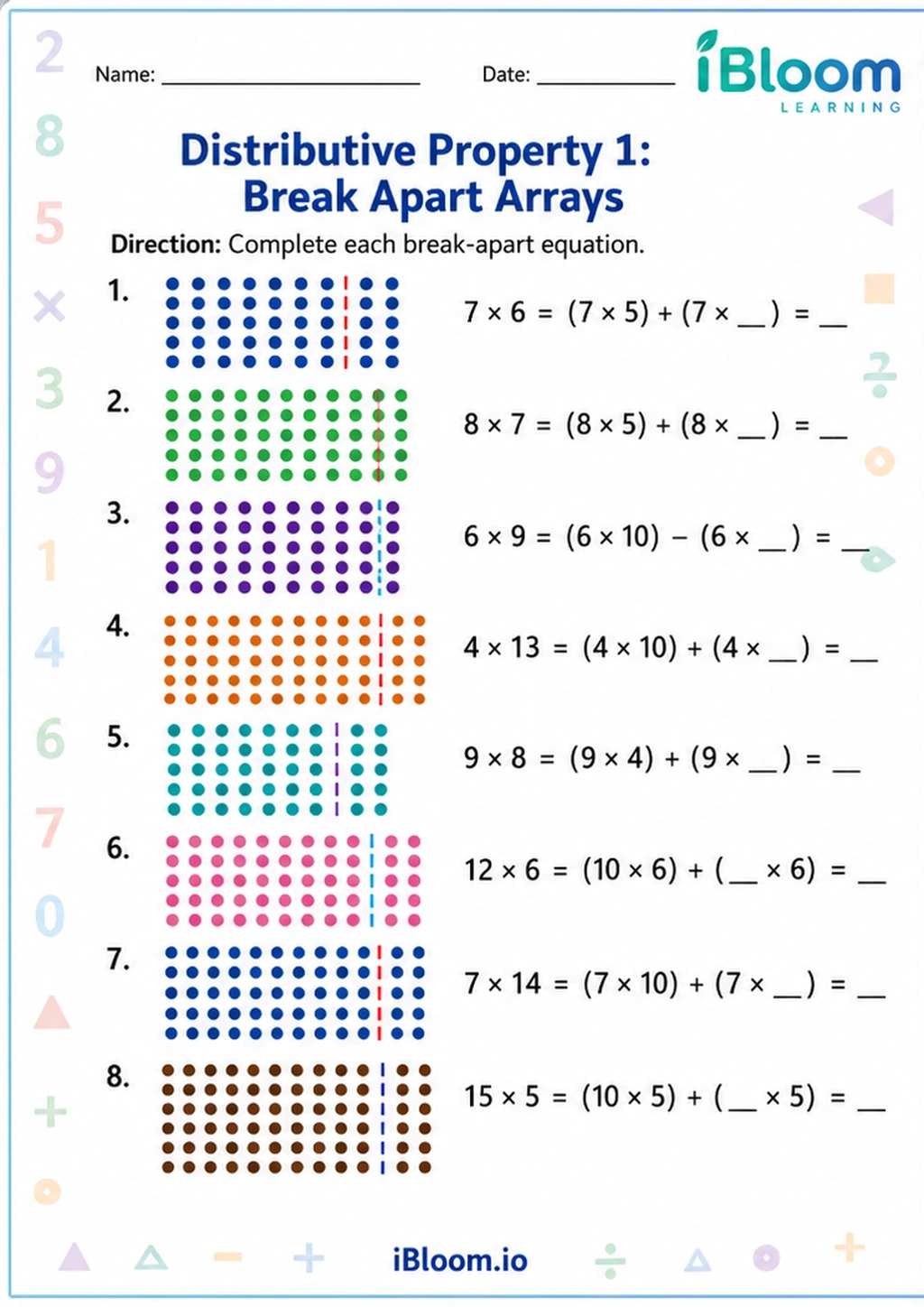 Preview of Distributive Property 1: Break Apart Arrays worksheet