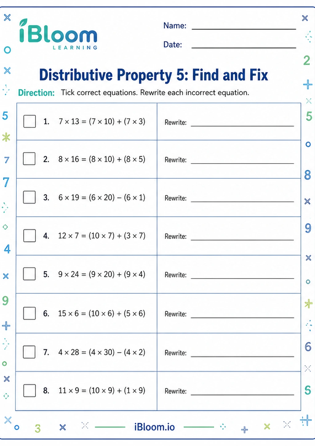 Preview page 1 of Distributive Property 5: Find and Fix