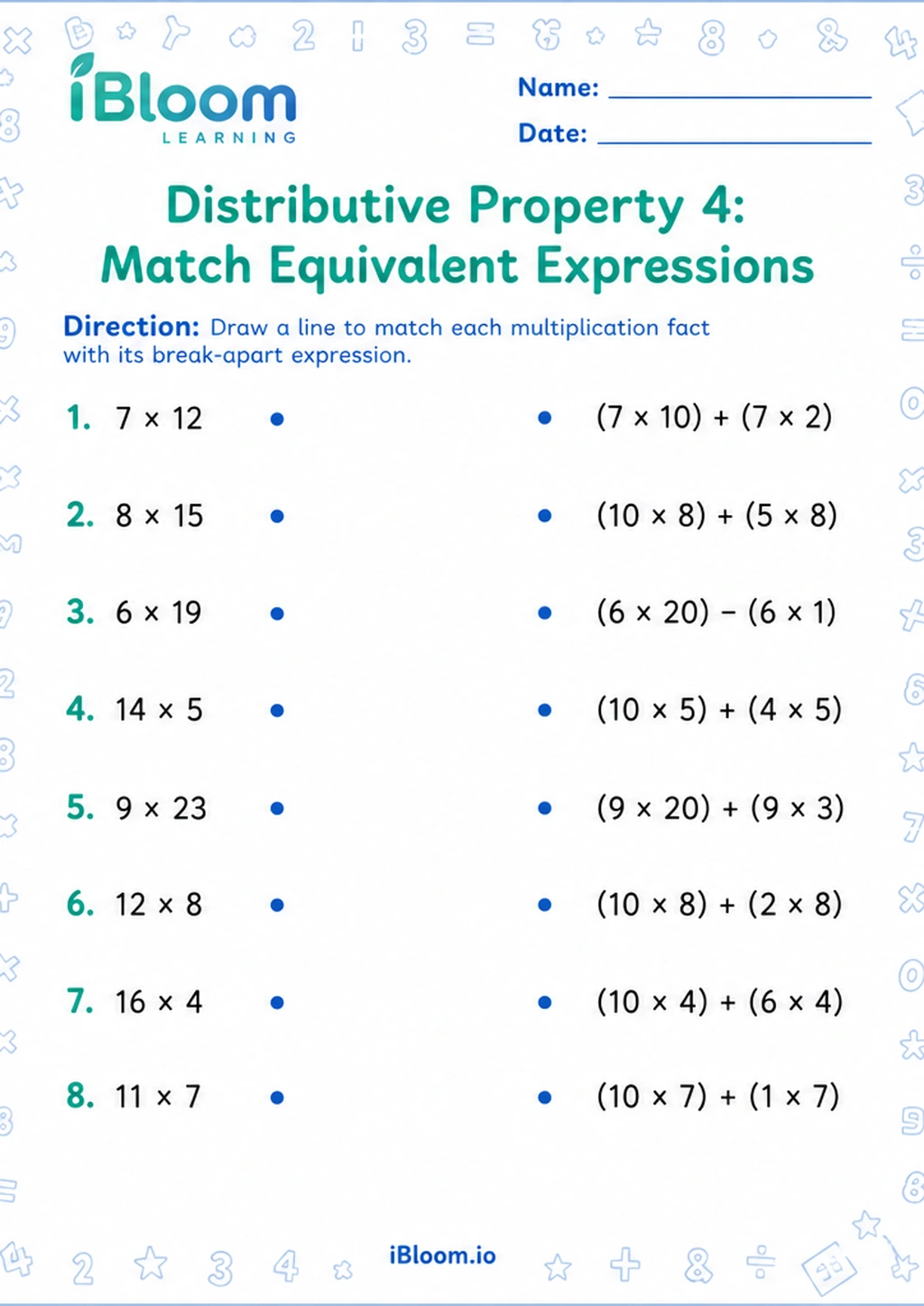 Preview page 1 of Distributive Property 4: Match Equivalent Expressions