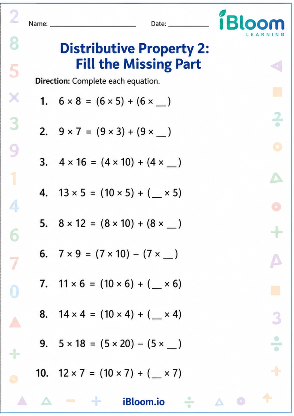 Preview of Distributive Property 2: Fill the Missing Part worksheet