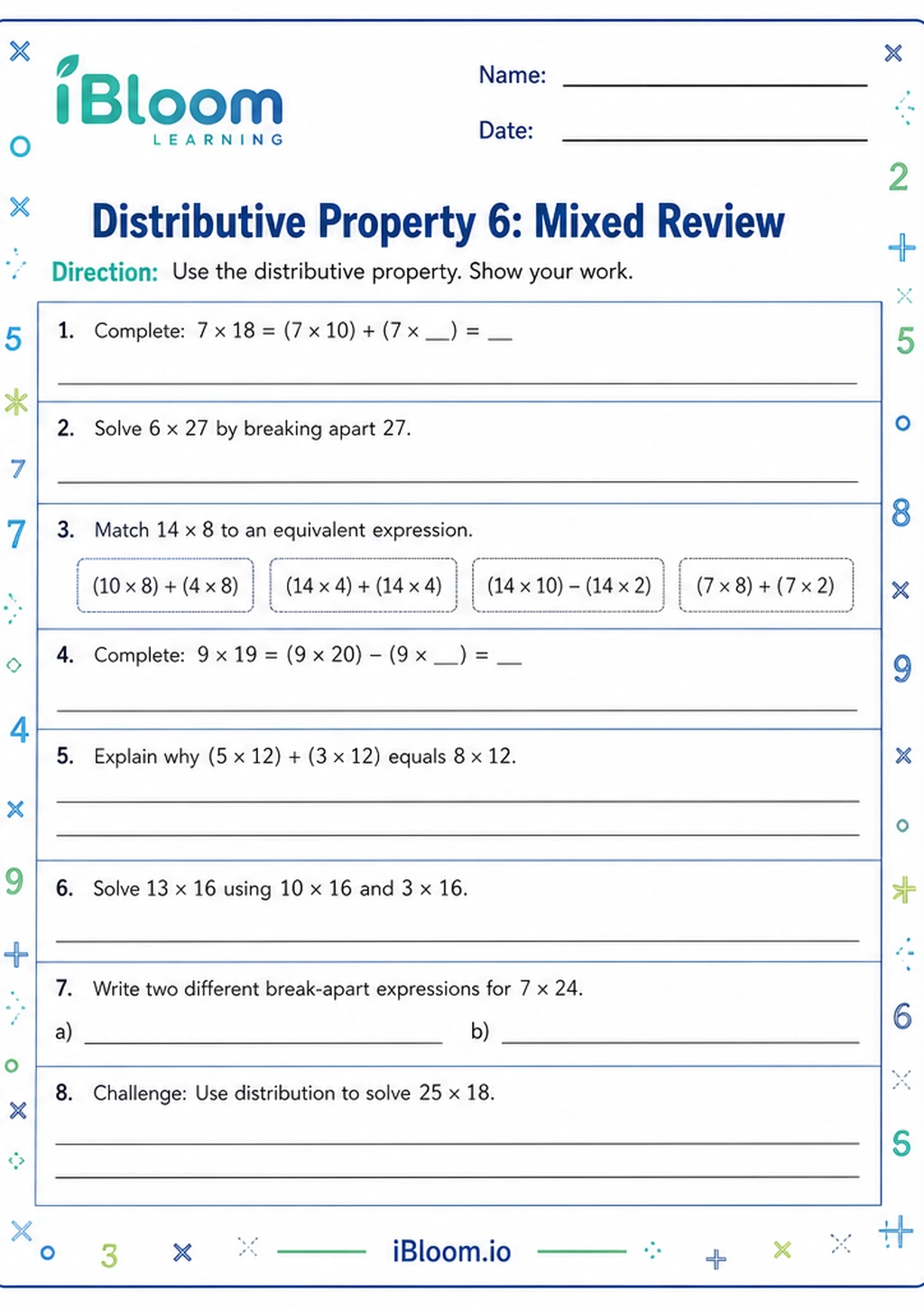 Distributive Property 6: Mixed Review printable Class 5 worksheet