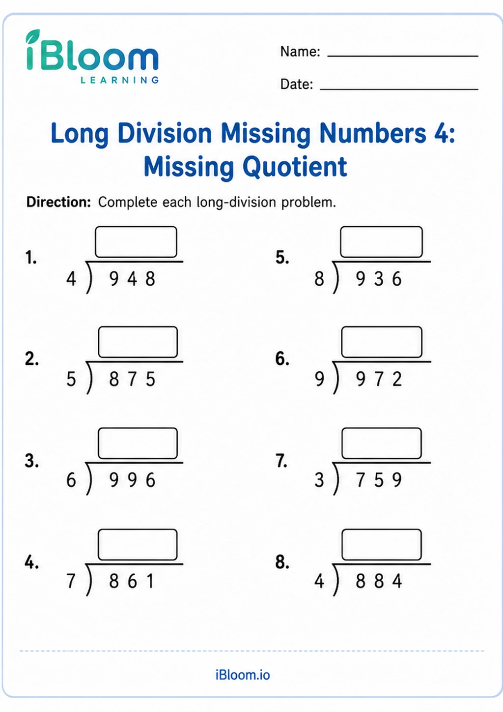Preview page 1 of Long Division Missing Numbers 4: Missing Quotient