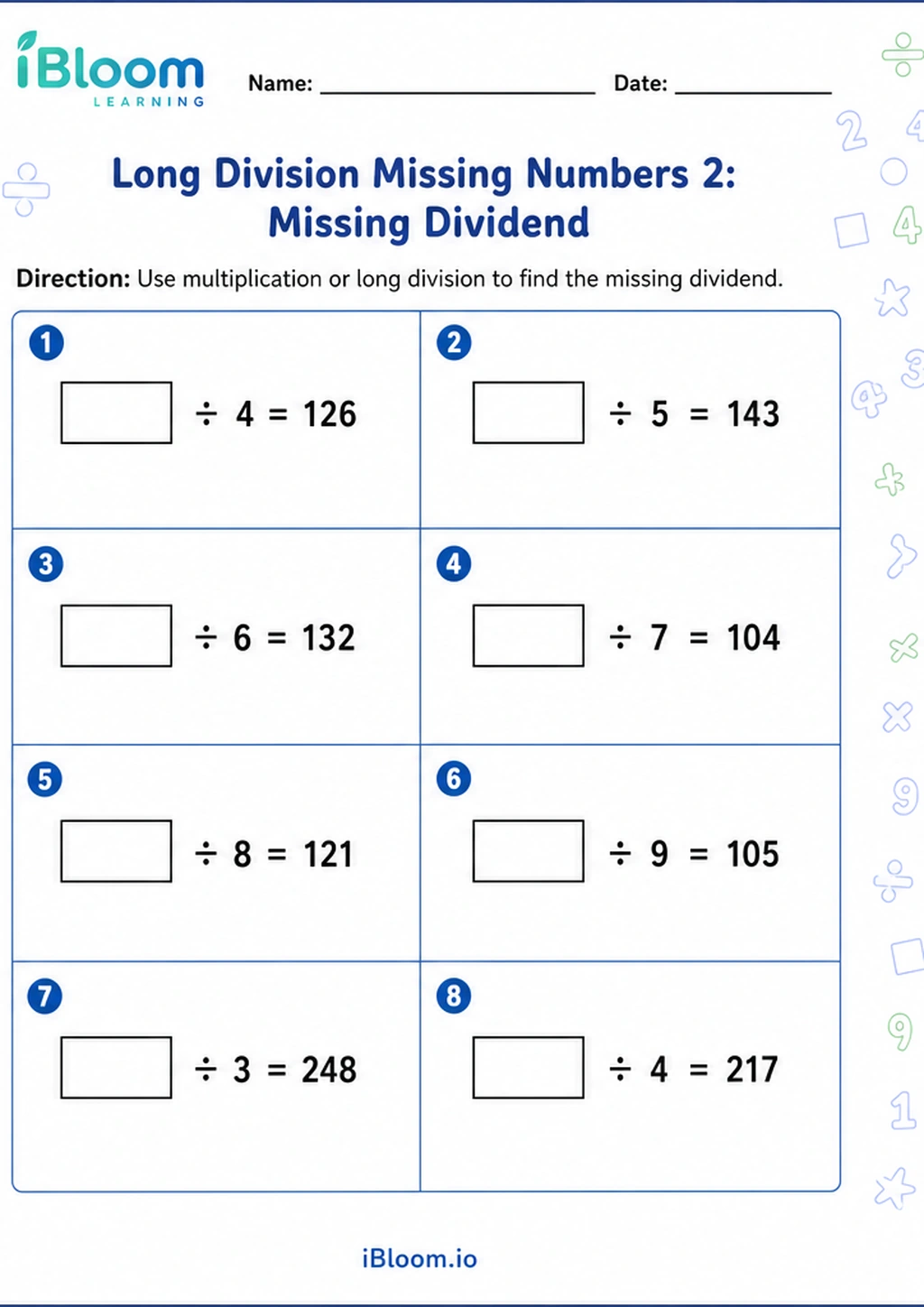 Preview of Long Division Missing Numbers 2: Missing Dividend worksheet
