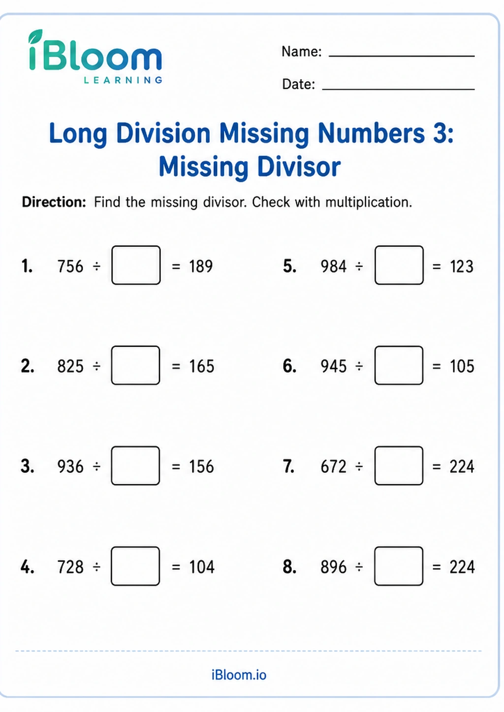 Preview page 1 of Long Division Missing Numbers 3: Missing Divisor