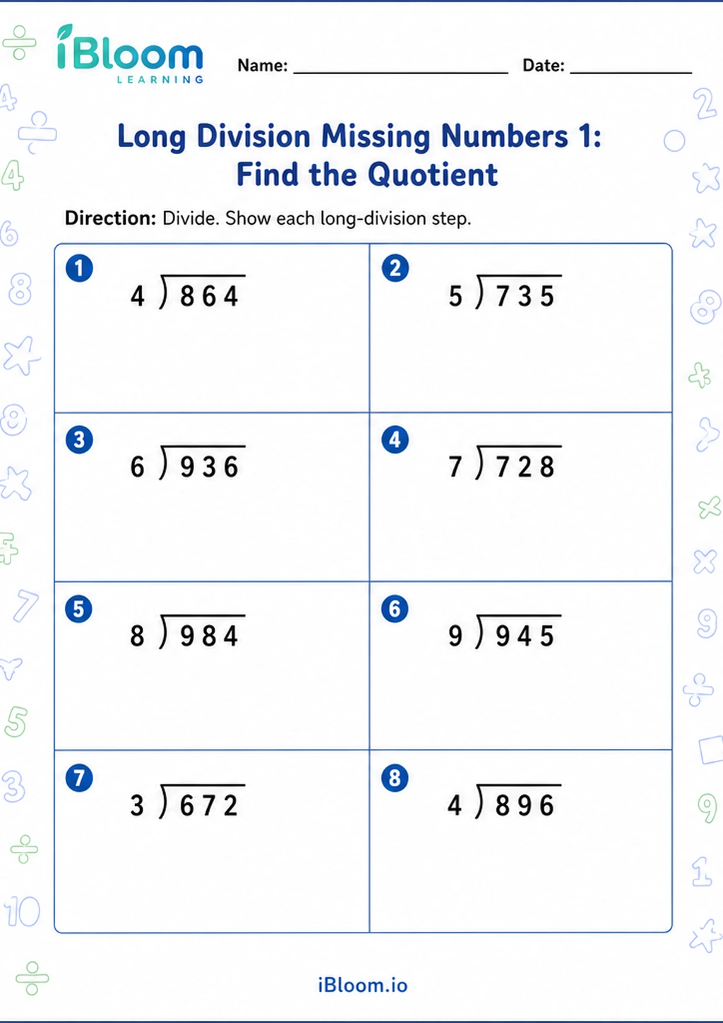 Preview page 1 of Long Division Missing Numbers 1: Find the Quotient