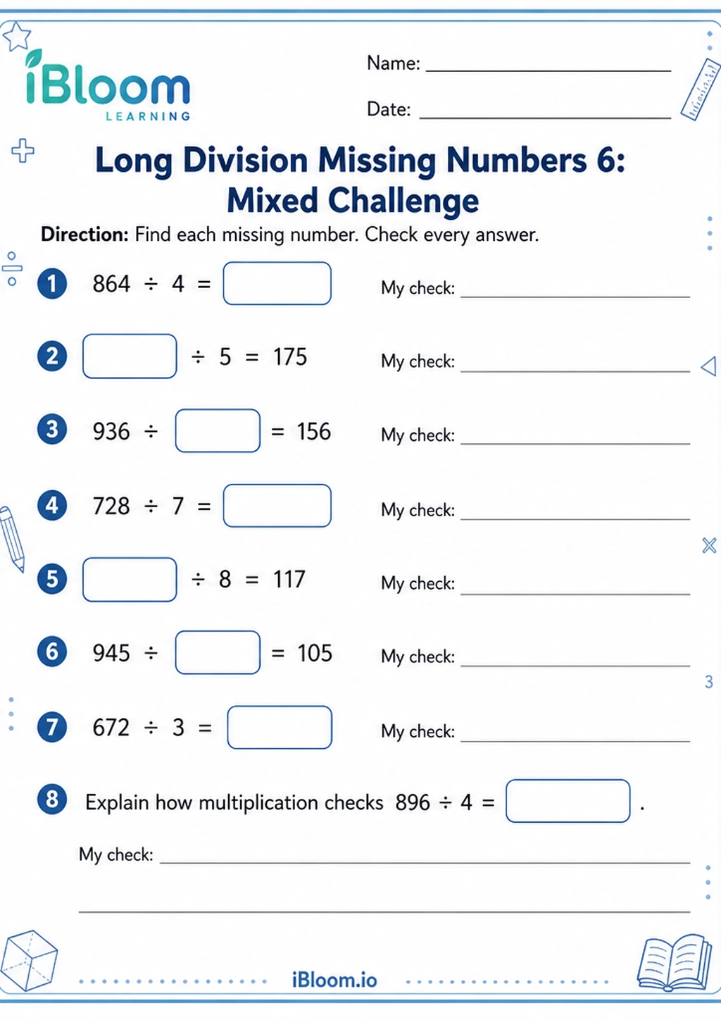 Preview page 1 of Long Division Missing Numbers 6: Mixed Challenge