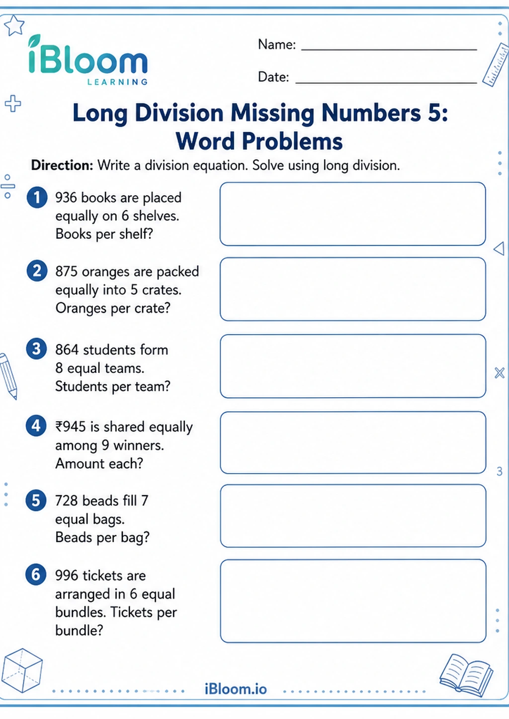Preview of Long Division Missing Numbers 5: Word Problems worksheet