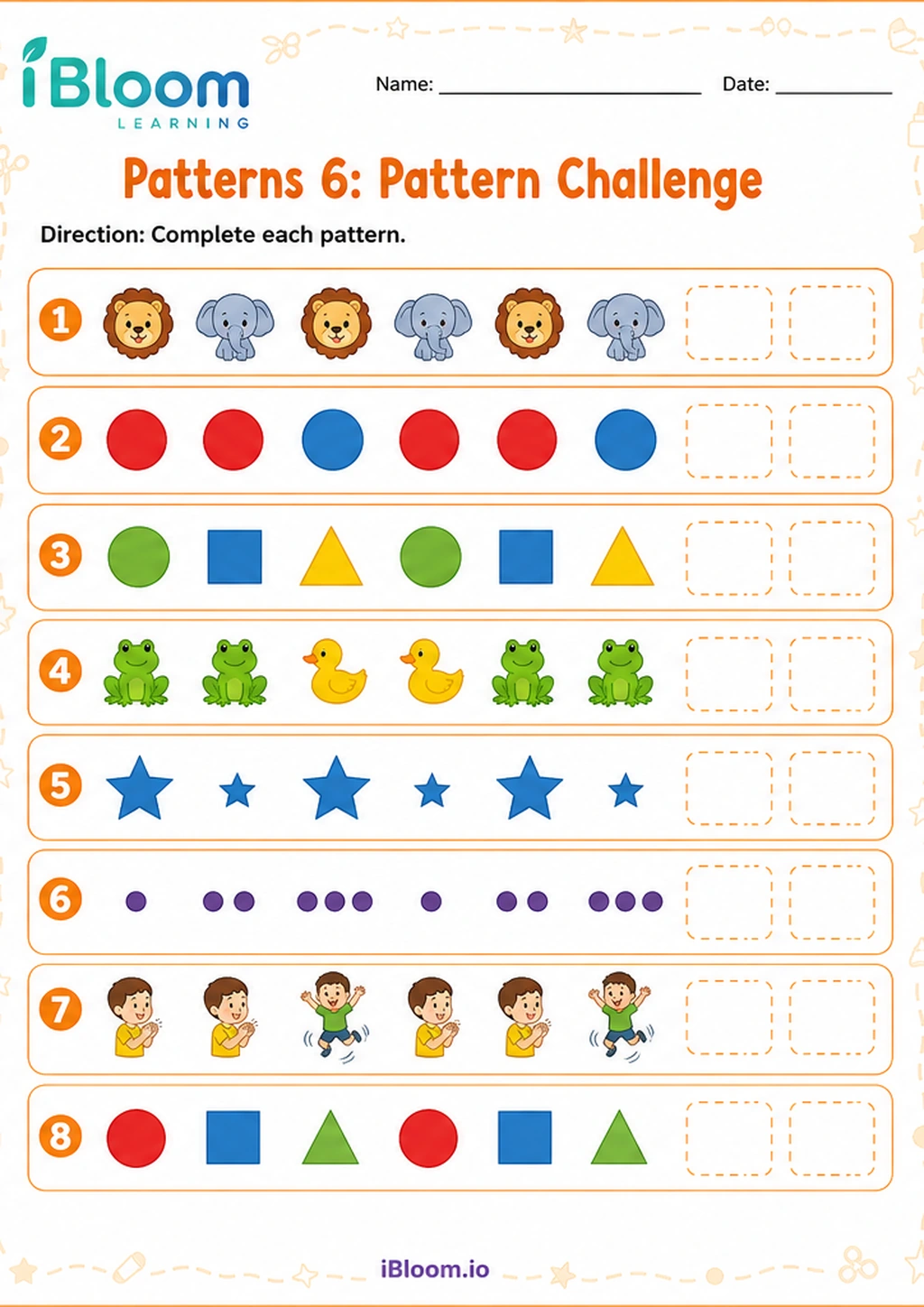 Patterns 6: Pattern Challenge printable Nursery LKG UKG worksheet