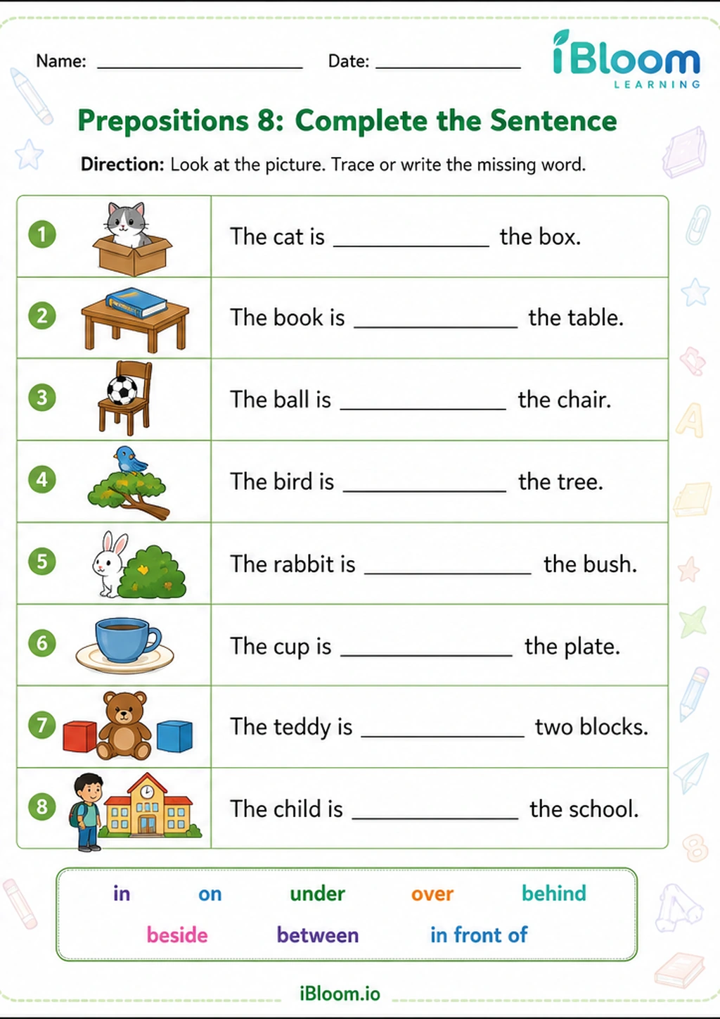 Prepositions 8: Complete the Sentence printable Nursery LKG UKG worksheet