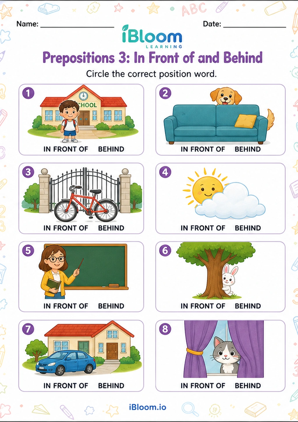 Preview of Prepositions 3: In Front of and Behind worksheet
