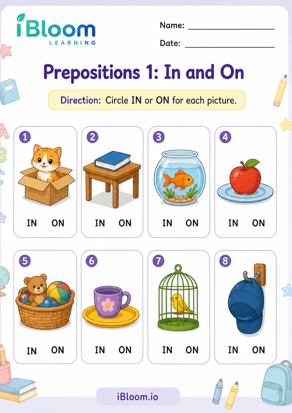 Prepositions 1: In and On printable Nursery LKG UKG worksheet