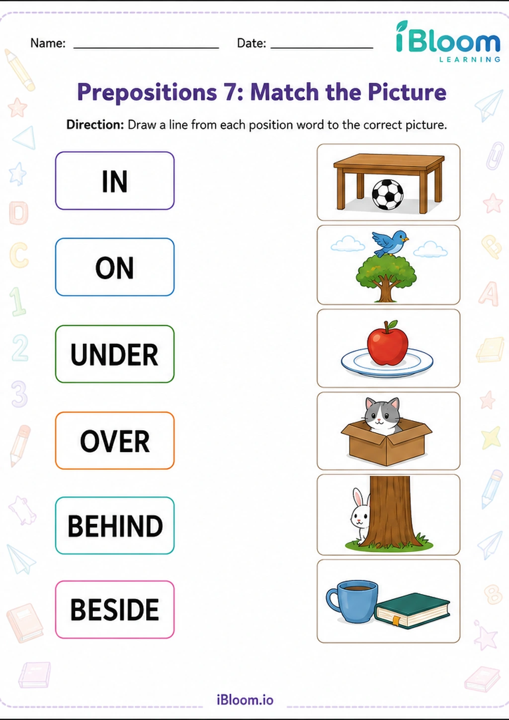 Prepositions 7: Match the Picture printable Nursery LKG UKG worksheet