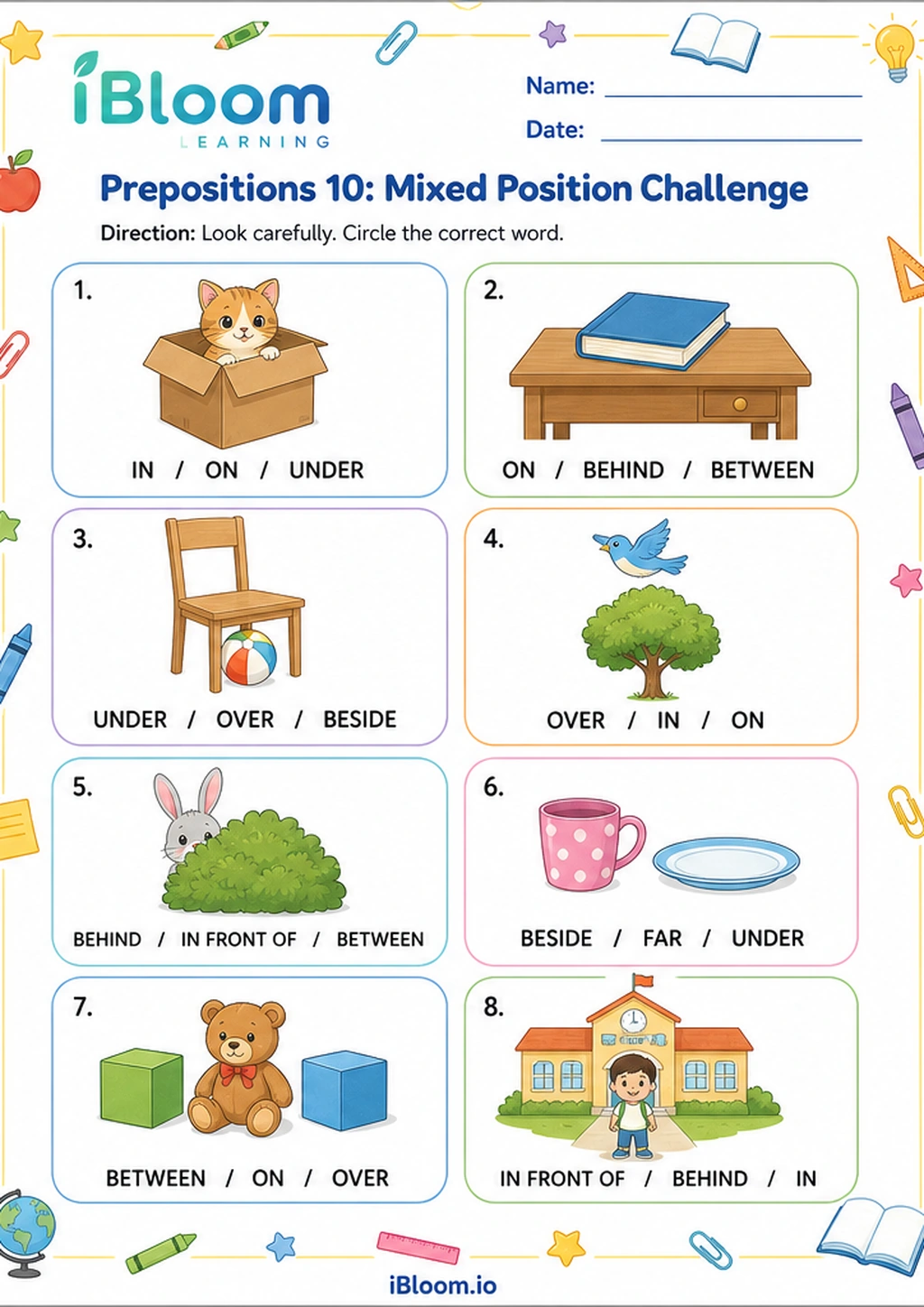 Prepositions 10: Mixed Position Challenge printable Nursery LKG UKG worksheet