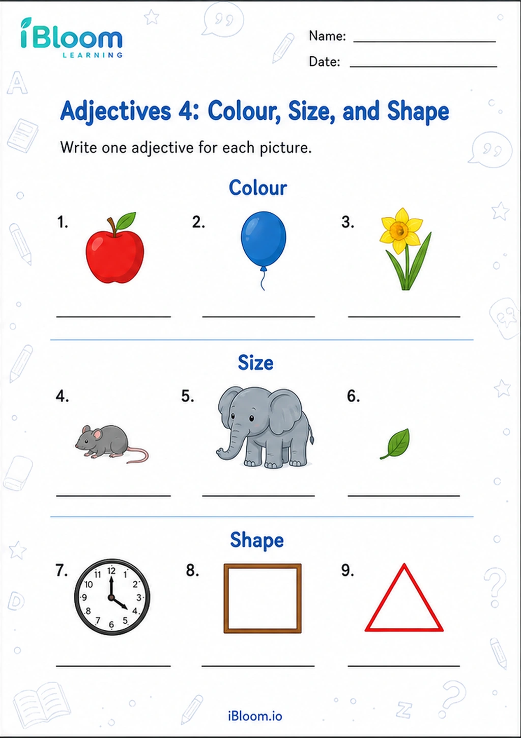 Preview page 1 of Adjectives 4: Colour, Size, and Shape
