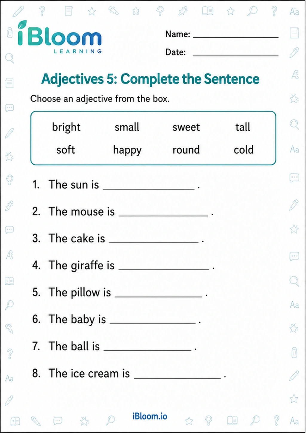 Adjectives 5: Complete the Sentence printable Class 1 worksheet