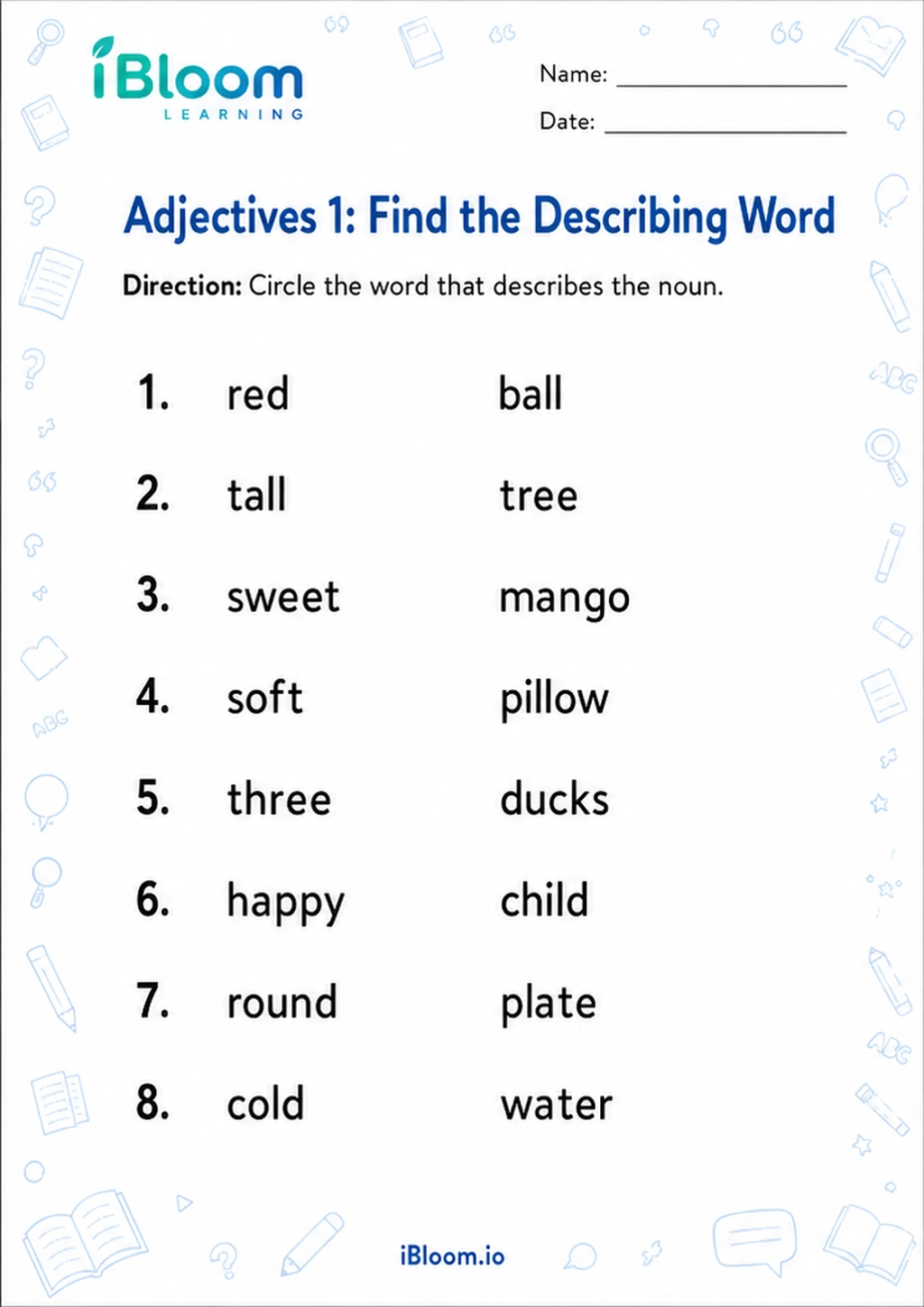 Preview page 1 of Adjectives 1: Find the Describing Word