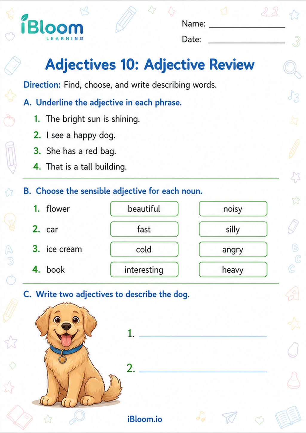 Adjectives 10: Adjective Review printable Class 1 worksheet