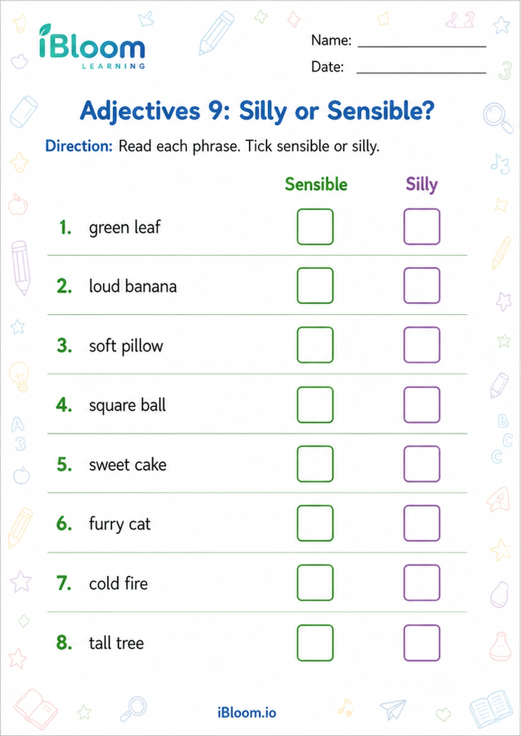 Adjectives 9: Silly or Sensible? printable Class 1 worksheet