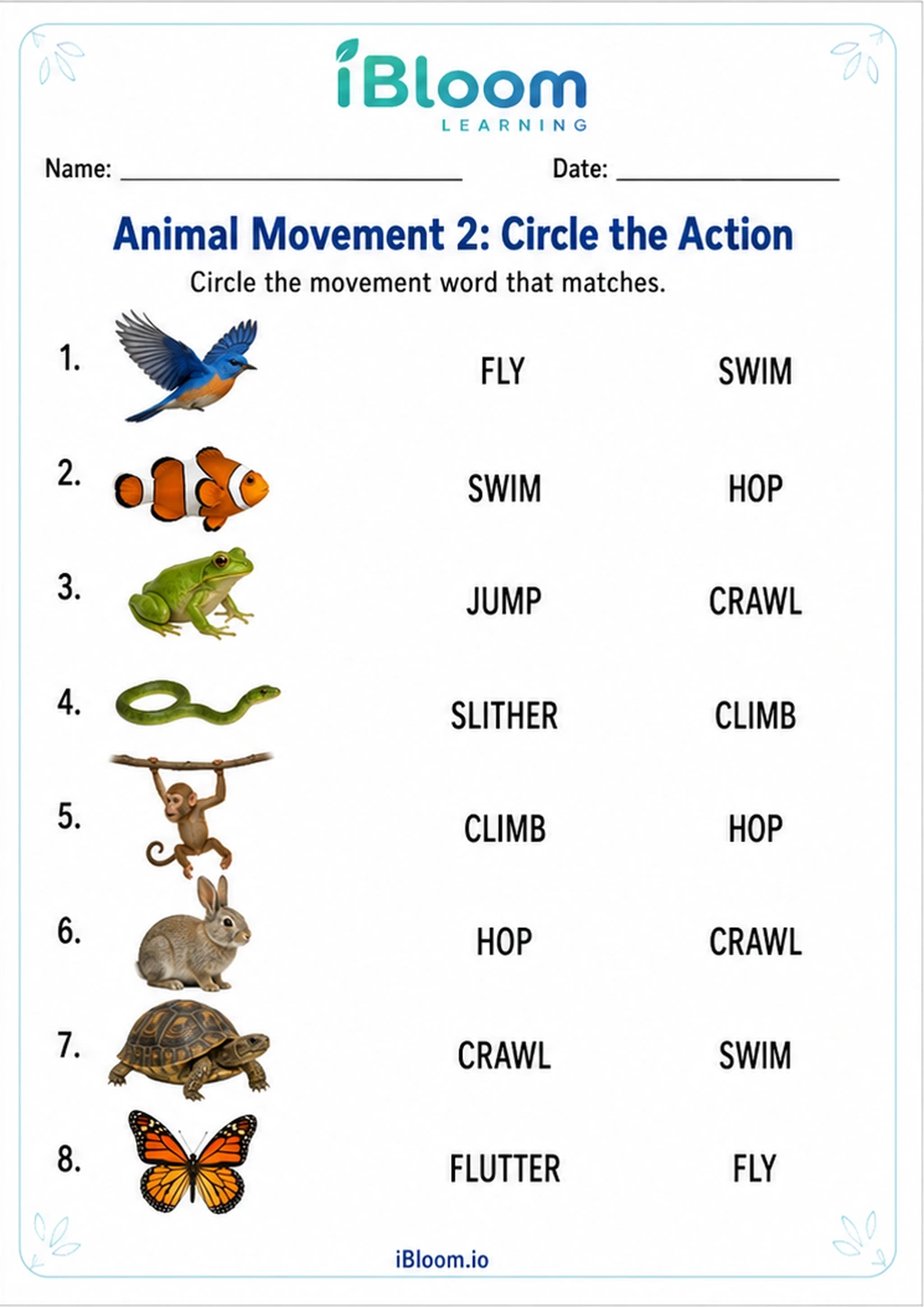 Preview page 1 of Animal Movement 2: Circle the Action