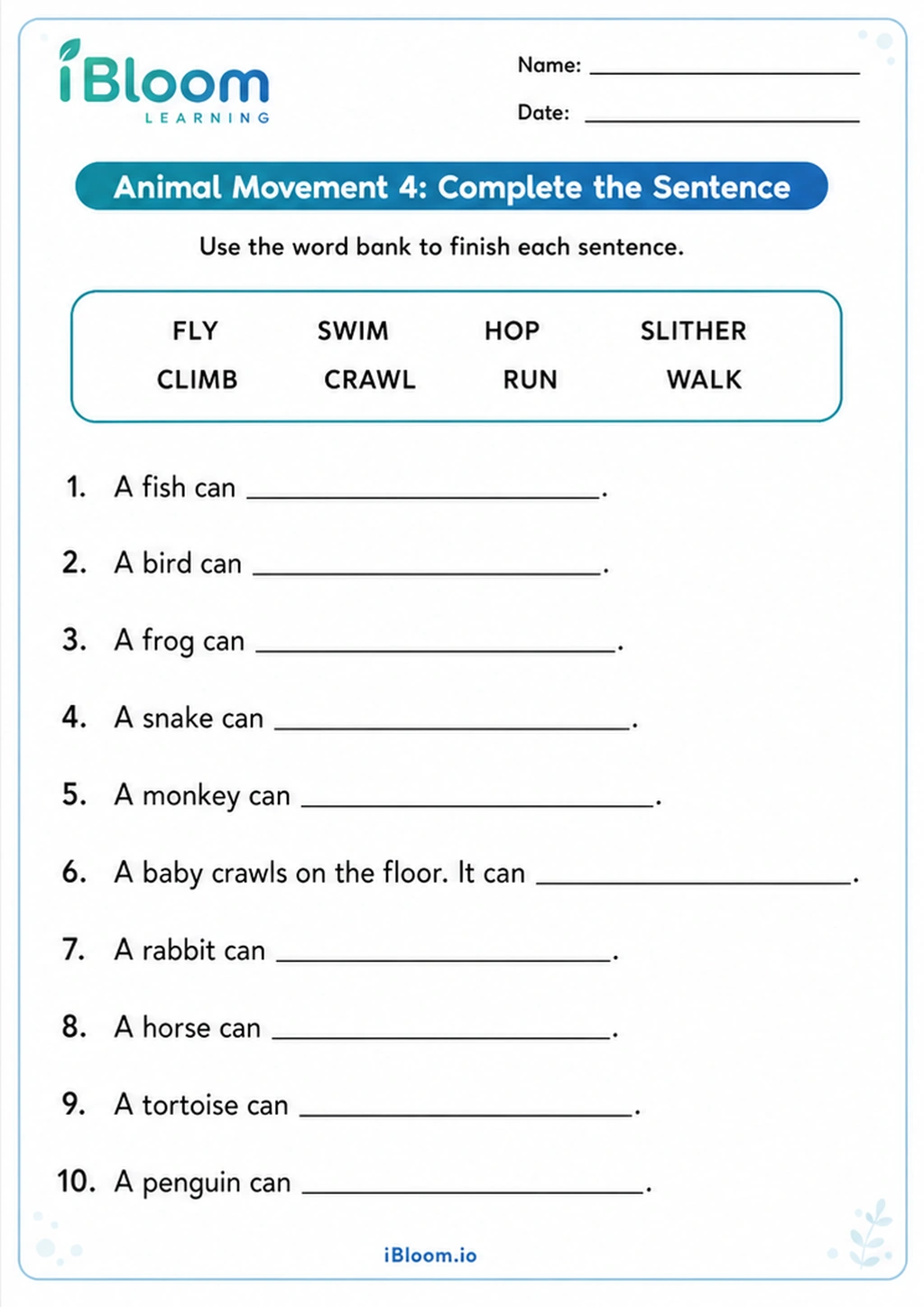 Preview of Animal Movement 4: Complete the Sentence worksheet