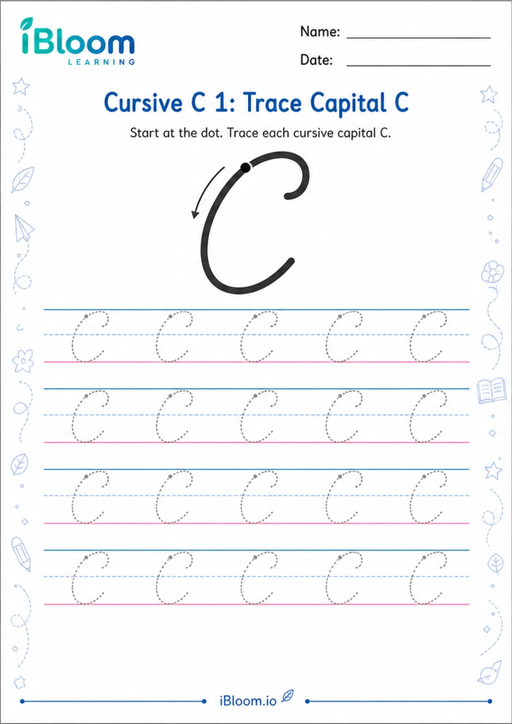 Cursive C 1: Trace Capital C printable Cursive Alphabet worksheet