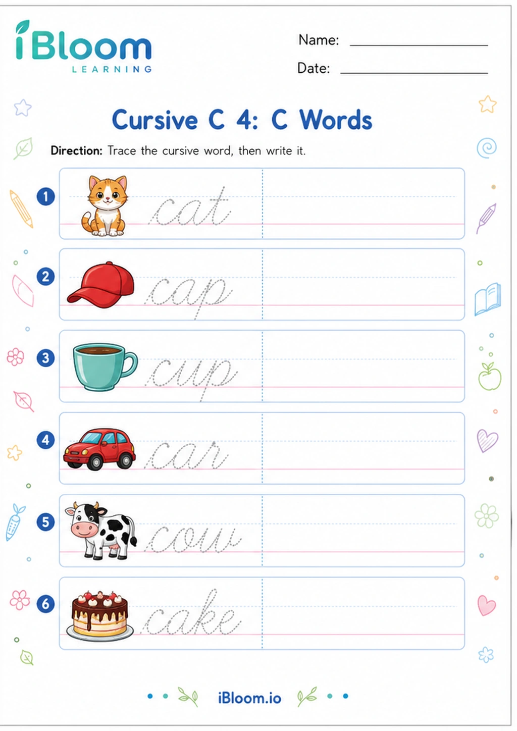 Cursive C 4: C Words printable Cursive Alphabet worksheet