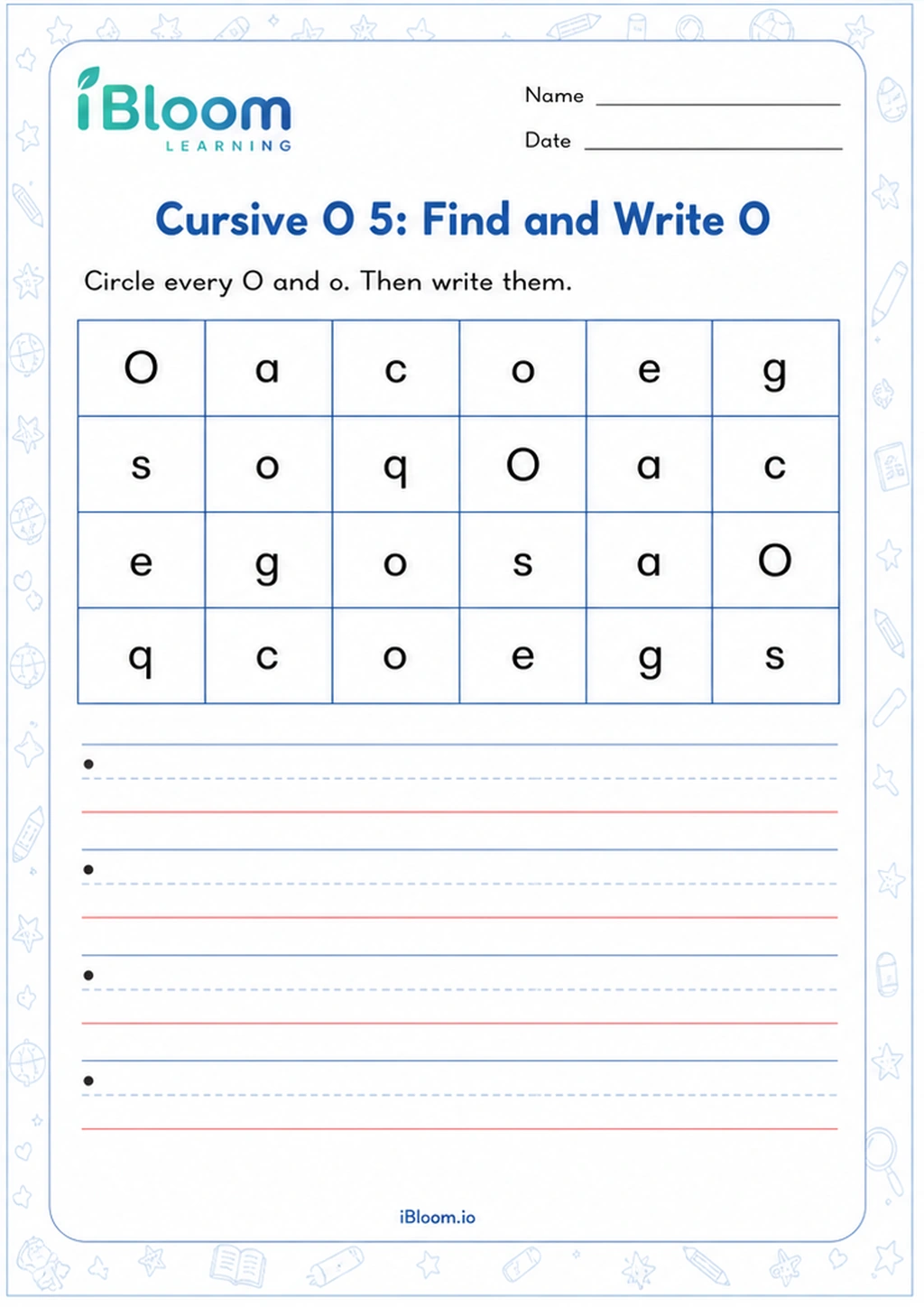 Cursive O 5: Find and Write O printable Cursive Alphabet worksheet