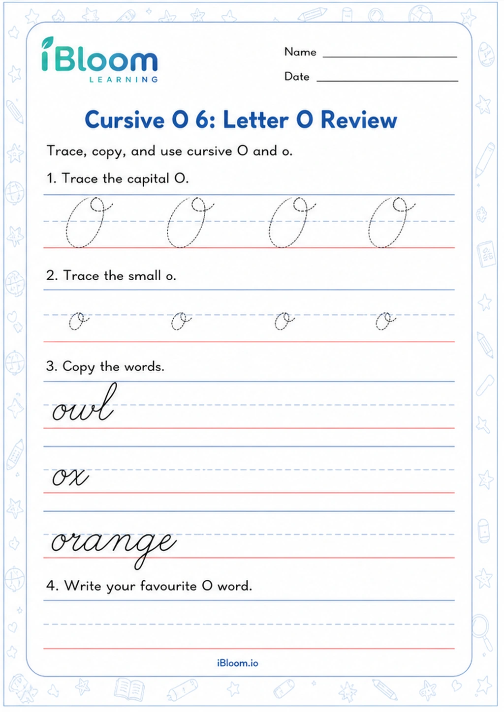 Preview of Cursive O 6: Letter O Review worksheet