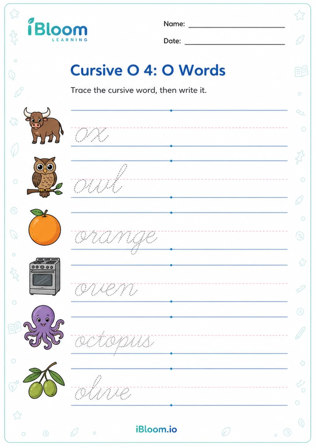 Preview of Cursive O 4: O Words worksheet