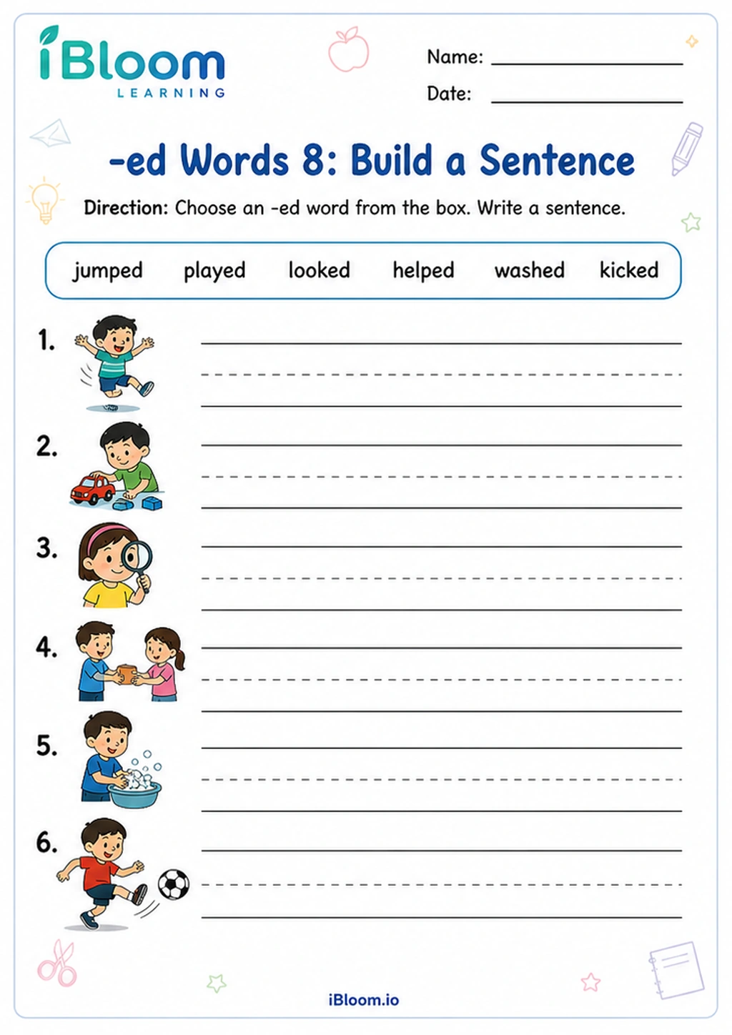 -ed Words 8: Build a Sentence printable Class 1 worksheet