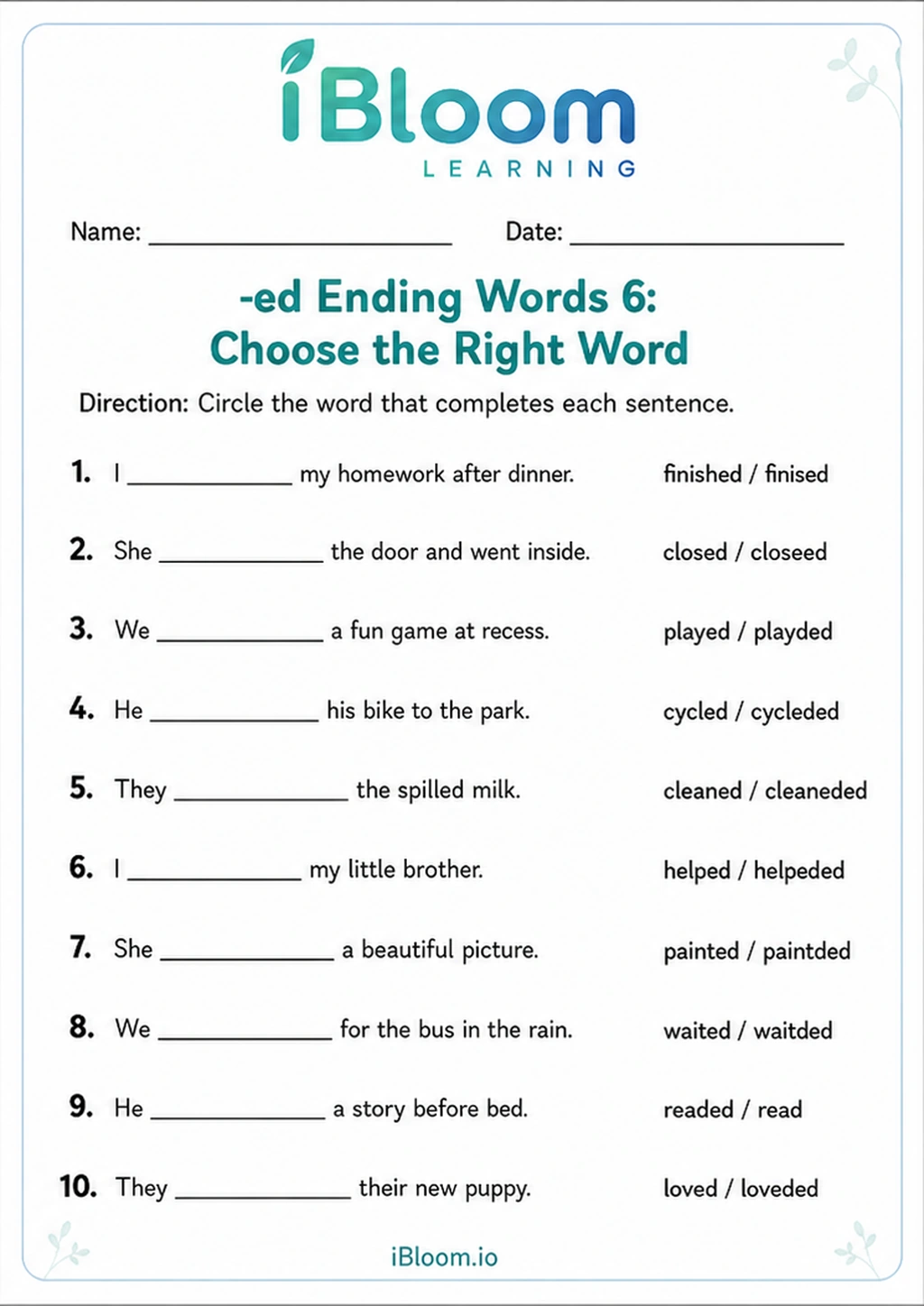 Preview page 1 of -ed Words 6: Choose the Right Word