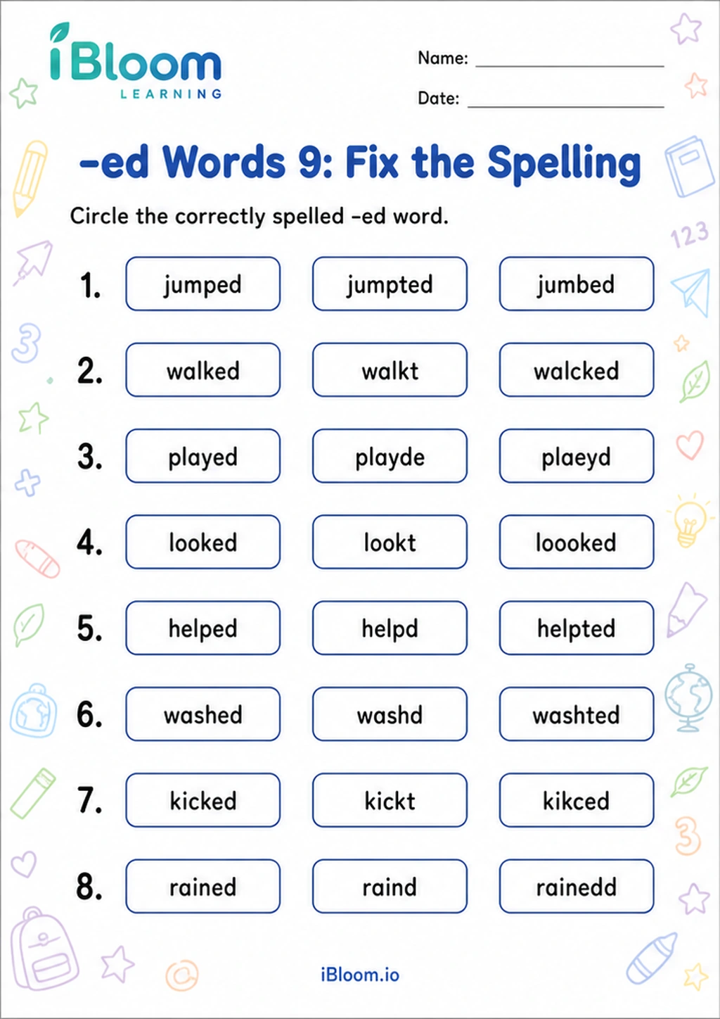 -ed Words 9: Fix the Spelling printable Class 1 worksheet