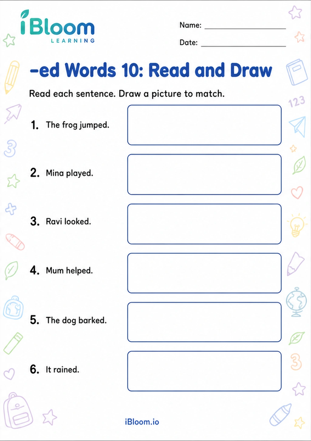 -ed Words 10: Read and Draw printable Class 1 worksheet